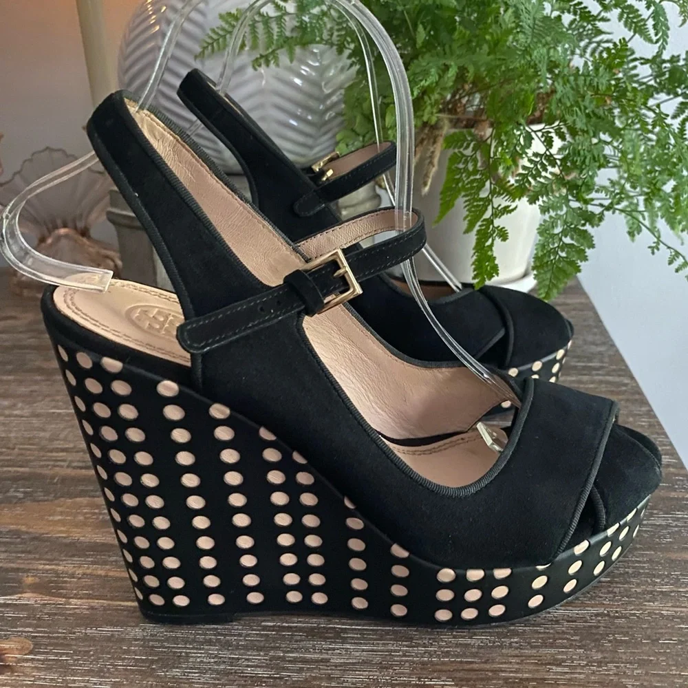 Tory Burch Ollie Black Suede Platform Wedge Slingback Heel Sandals Womens 8 M‎
